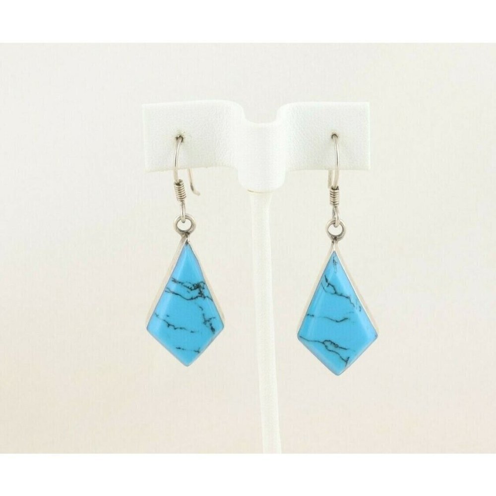 Sterling Silver Blue Howlite Dangle Earrings Vintage Taxco - Picture 5 of 8